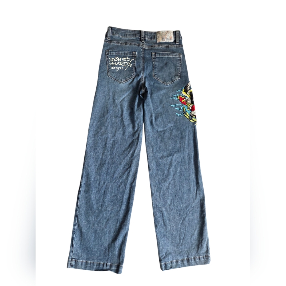 Ed Hardy Brave Eagle Wide Leg Y2K  Stretch Jeans - Picture 6 of 12